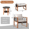 Product dimensions for the 5 Pieces Patio Furniture Set, featuring a wicker chair, ottomans, and side table.