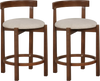 Set of 2 24-inch counter height bar stools with beige linen seats and solid rubber wood frames for kitchen or dining.