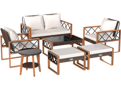 Costway 7-Piece PE Wicker Acacia Wood Outdoor Patio Conversation Set 92040885 New
