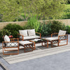 7-piece patio furniture set featuring PE wicker and acacia wood, perfect for outdoor conversation and relaxation.