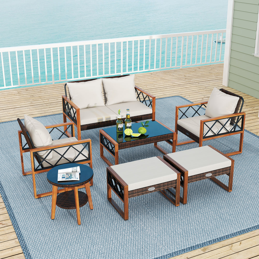 Cozy loveseat with soft cushions and acacia wood frame, perfect for relaxing in your outdoor patio or garden setting.