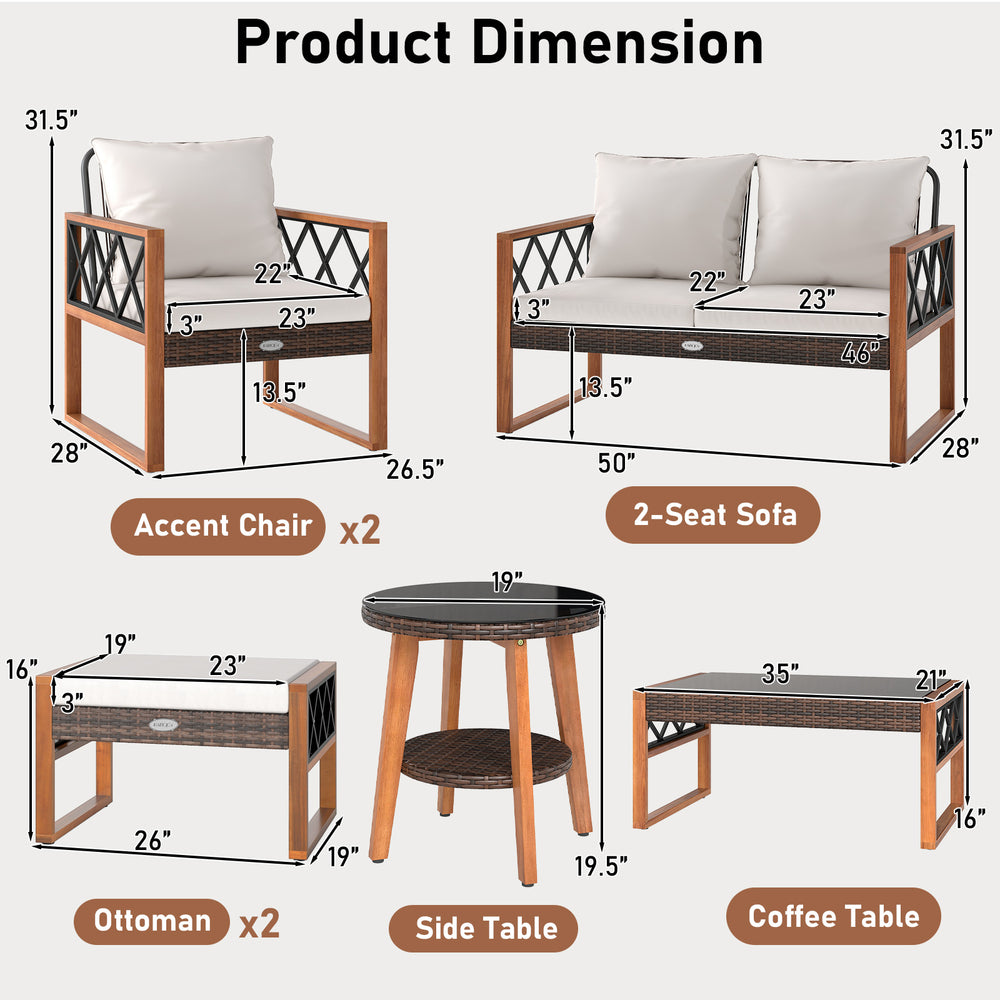 Dimensions of the 7 pieces patio furniture set, including sofa, accent chairs, coffee table, and side table.