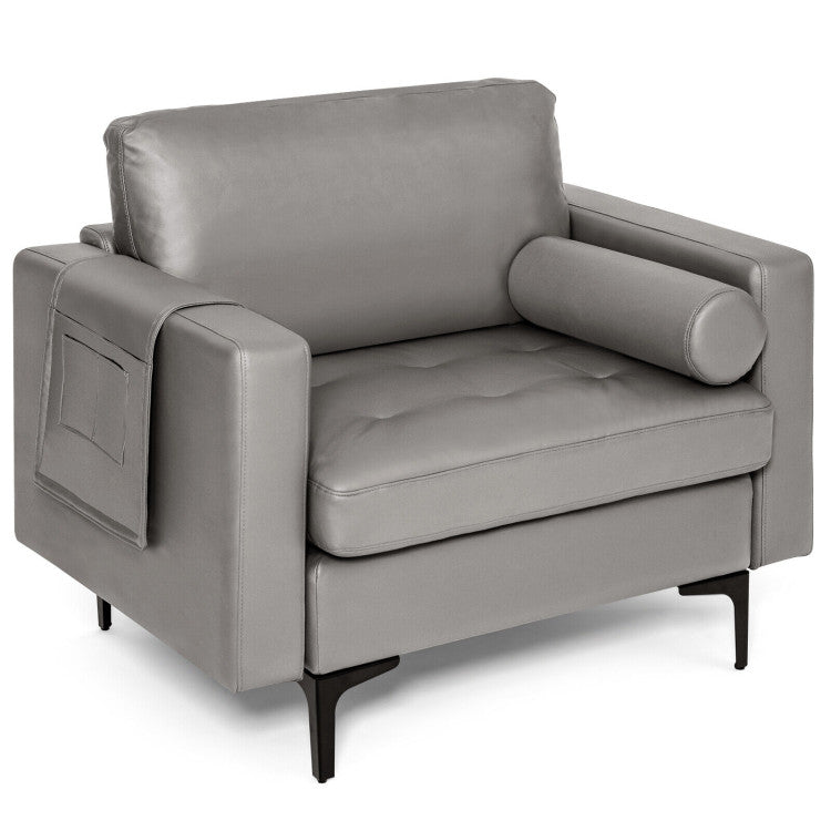Accent chair in gray with ergonomic armrests and padded cushion, perfect for stylish living room decor.