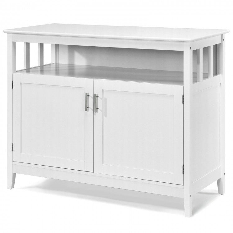 White two-door cabinet with spacious storage, elegant curved design, perfect for bedrooms or living rooms.