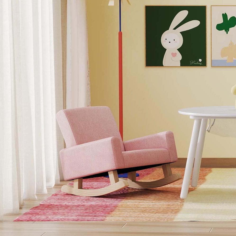 Pink rocking chair with solid wood legs, part of a stylish children's room furniture set for cozy relaxation.