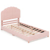 Twin pink bed with a scalloped headboard and sturdy wooden slats, perfect for a stylish children's room.