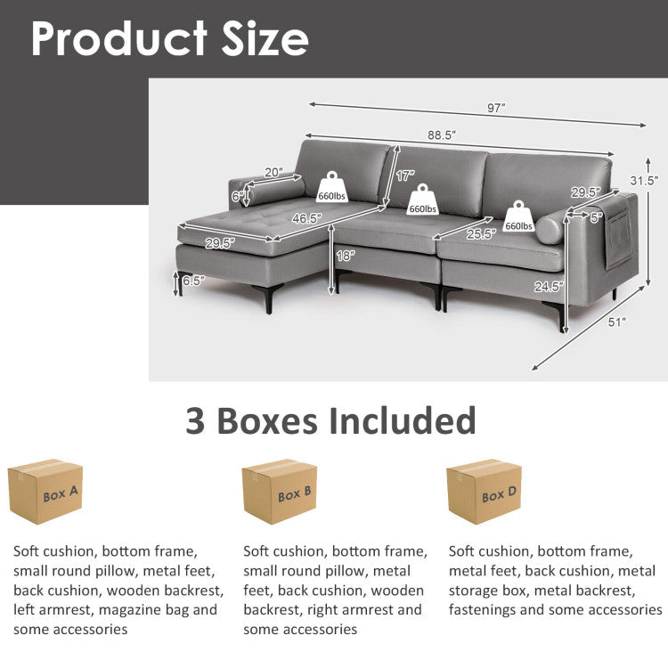 L-shaped modular sofa with steel backrest, 48-inch pub dining table, and four bar stools for modern living and dining.