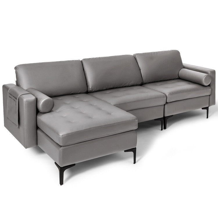 L-shaped modular sofa in gray fabric with steel backrest, featuring USB ports and detachable chaise for versatile.