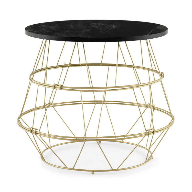 Round side table with a faux marble top and gold metal frame, offering stylish storage for modern living spaces.