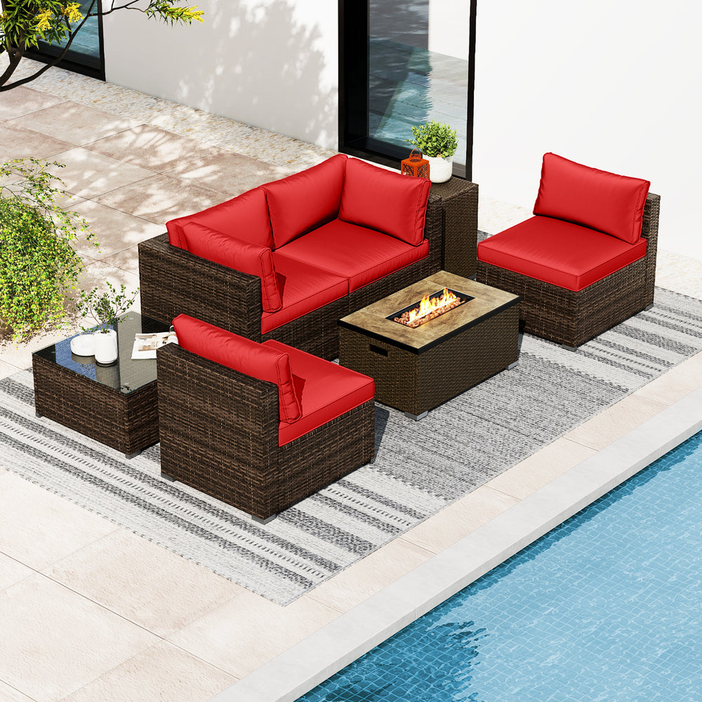 7 Pieces Outdoor Furniture Set with 32 Inch Fire Pit Table and Propane Tank Cover-Red - Gallery View 1 of 11