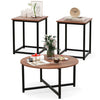 Three coffee tables featuring rustic wood tops and sturdy black metal frames, ideal for modern living spaces.
