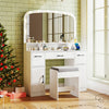 Vanity desk makeup table in white with stool, featuring LED lights, storage drawers, and a stylish curved mirror.