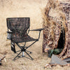 360° swivel hunting chair in camo with armrests, side pockets, and sturdy metal frame for outdoor activities.
