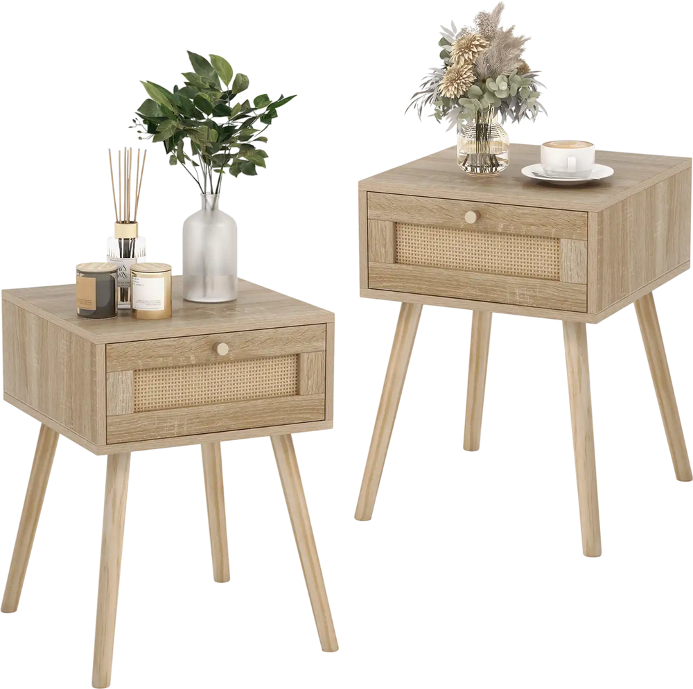 Set of 2 modern rattan nightstands with oak finish, featuring a drawer and solid wood legs for bedroom decor.