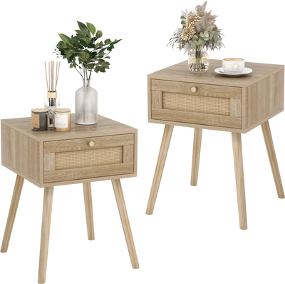 Costway Set of 2 Modern Rattan Nightstands w/ Drawer Solid Wood Legs 13309831 New