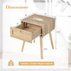 Modern rattan nightstand with drawer, solid wood legs, and dimensions for bedroom or living room use.
