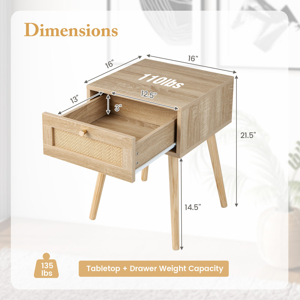 Modern rattan nightstand with drawer, solid wood legs, and dimensions for bedroom or living room use.