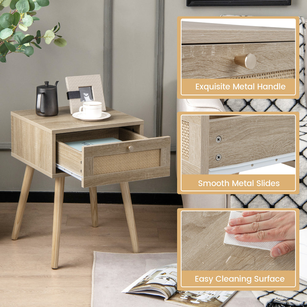 Modern rattan nightstand with drawer, oak finish, solid wood legs, and easy-clean surface for bedroom or living room.