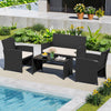 4-piece patio furniture set with removable white cushions, waterproof rattan, and tempered glass tabletop for outdoor.