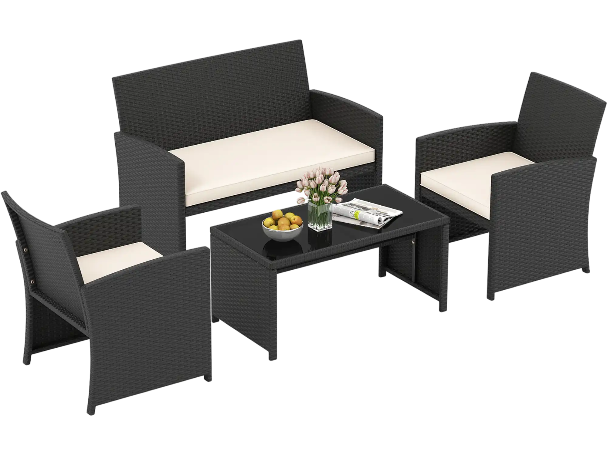 Costway 4-Piece Patio Furniture Conversation Set Wicker Glass Table Cushions 69837236 New