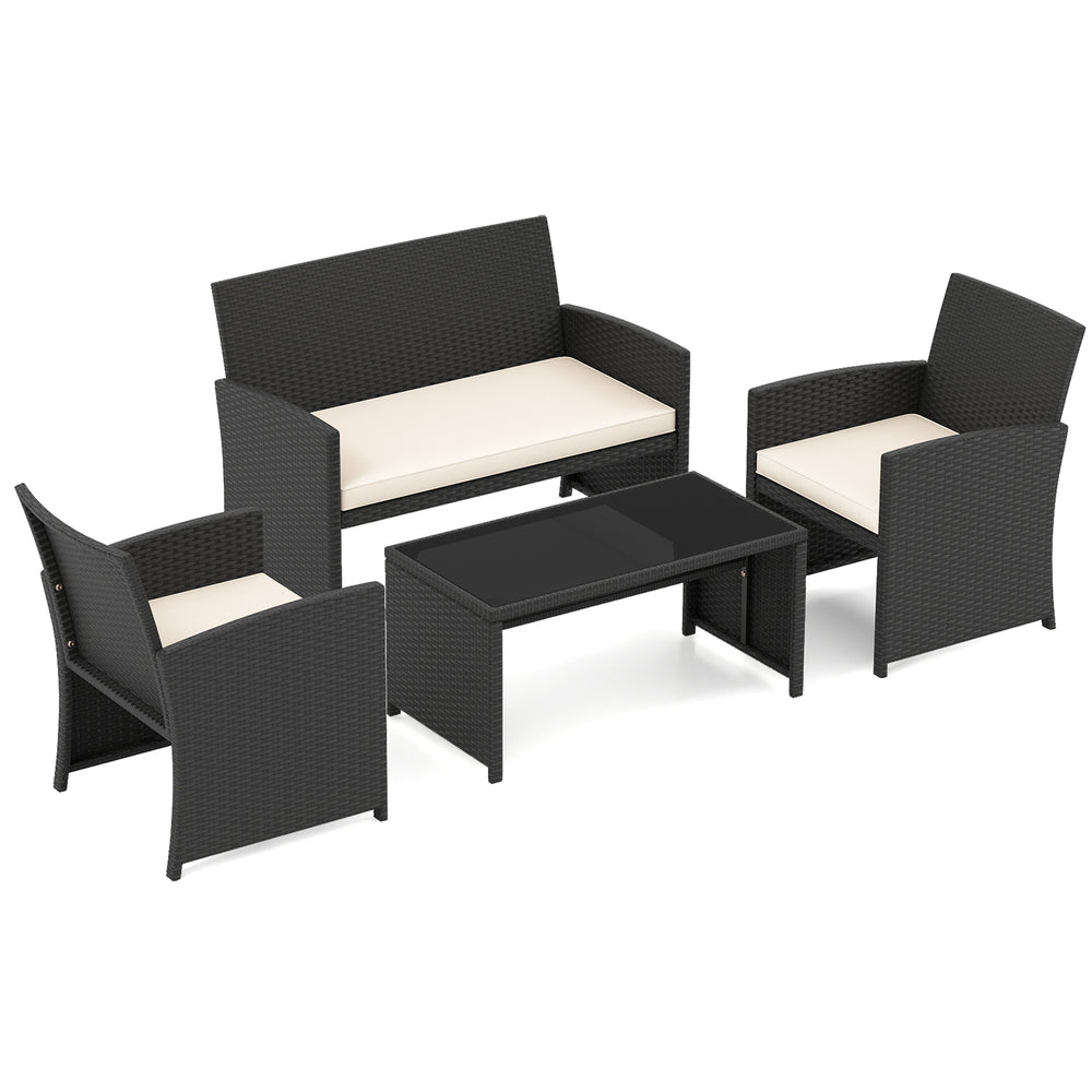 4-piece patio furniture set featuring a loveseat, two chairs, and a tempered glass tabletop with removable white.