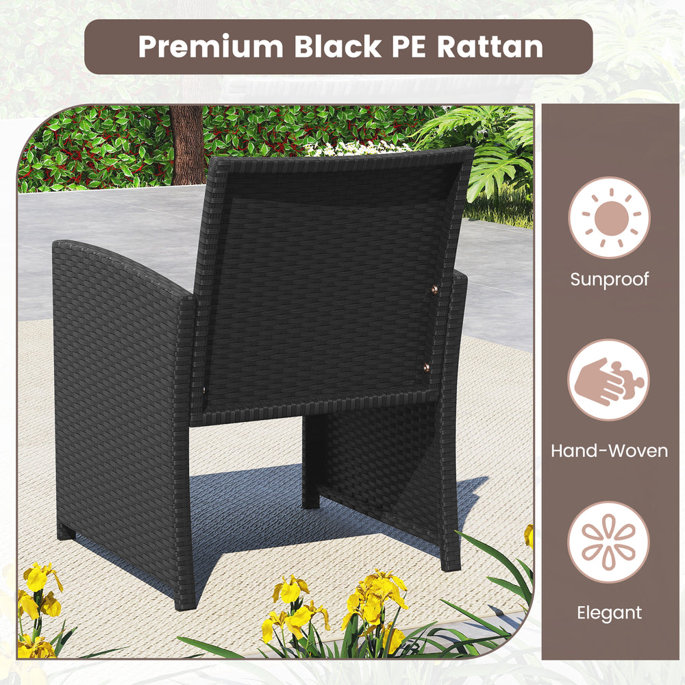 Black PE rattan armchair with a sturdy metal frame, designed for outdoor use and comfortable seating.