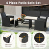4-piece patio sofa set with waterproof rattan, removable white cushions, and tempered glass tabletop for outdoor.