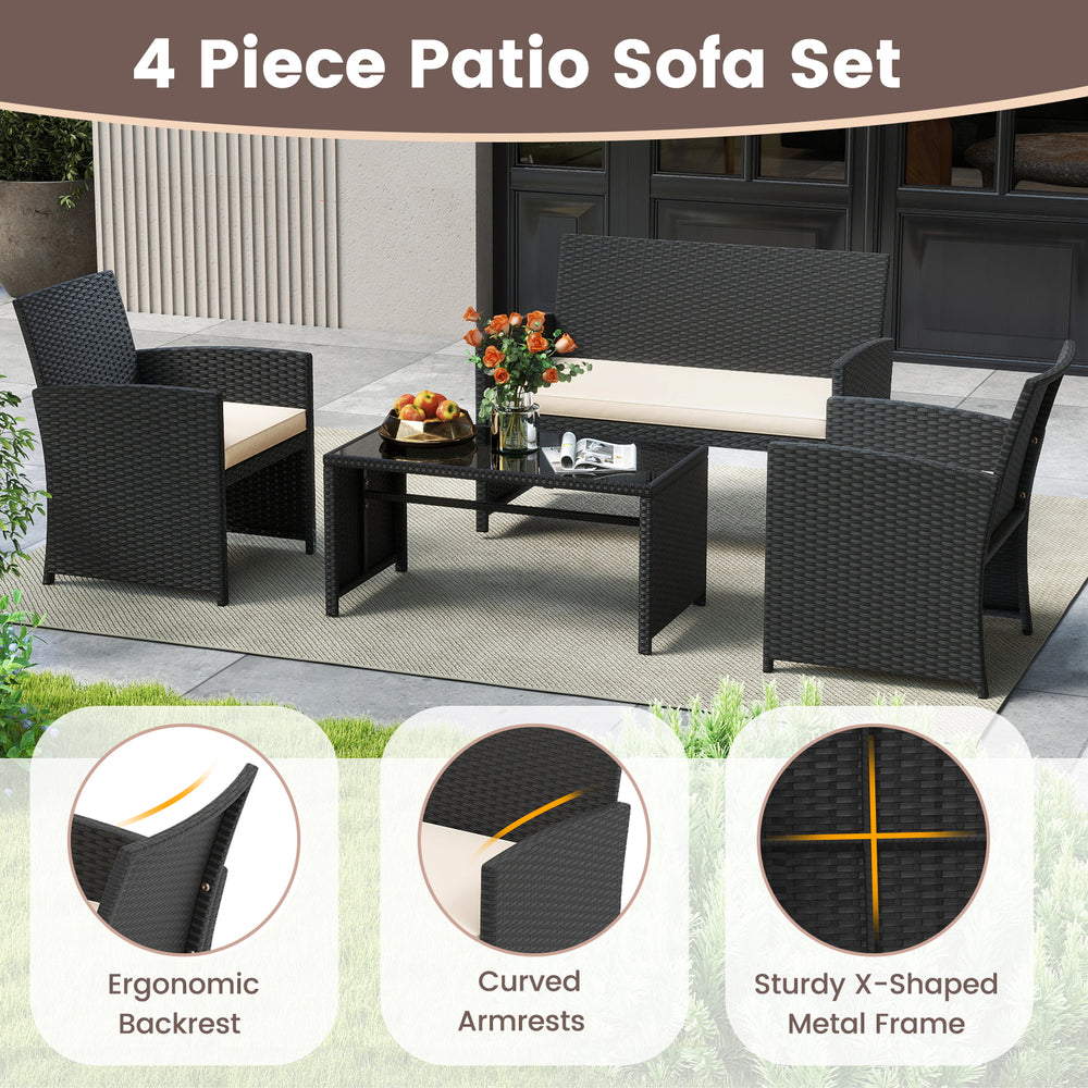 4-piece patio sofa set with waterproof rattan, removable white cushions, and tempered glass tabletop for outdoor.