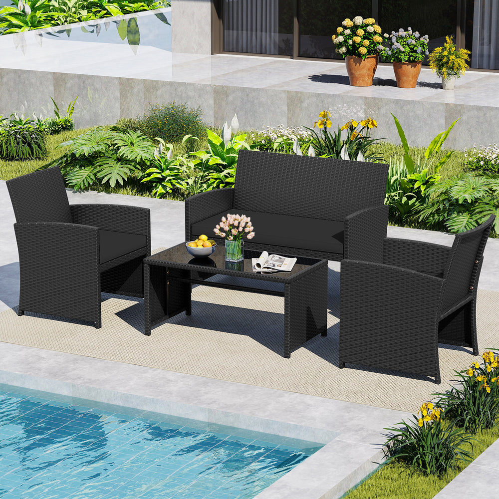 4 Pieces Patio Furniture Set with Tempered Glass Tabletop and Removable Cushion-Black - Gallery View 1 of 10