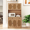 71-inch pantry cabinet with hutch, featuring PE rattan doors, adjustable shelves, and built-in charging station for.
