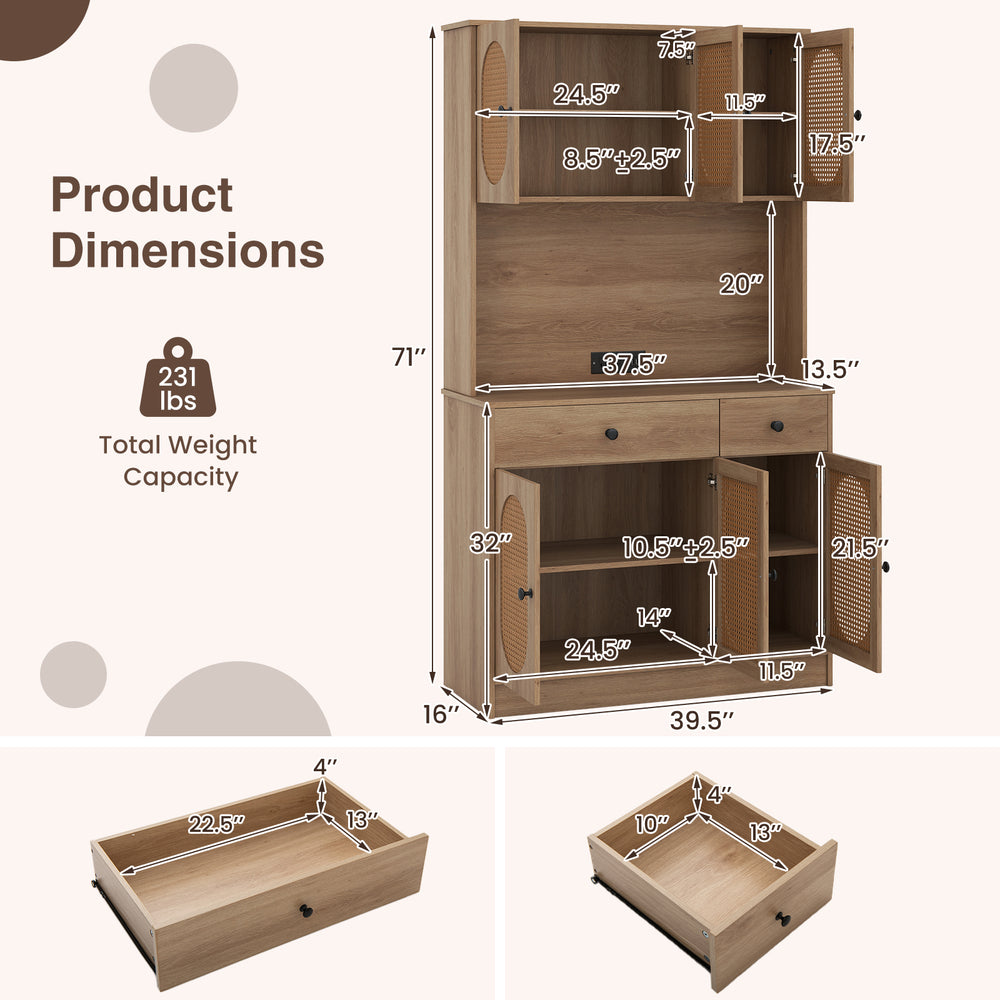Dimensions of the 71-inch pantry cabinet with hutch showcasing adjustable shelves, drawers, and PE rattan doors for.