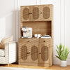 Natural 71-inch pantry cabinet with hutch, featuring PE rattan doors, adjustable shelves, and built-in charging station.