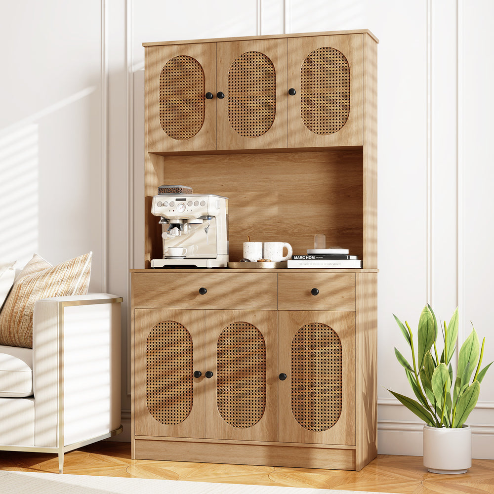 Natural 71-inch pantry cabinet with hutch, featuring PE rattan doors, adjustable shelves, and built-in charging station.