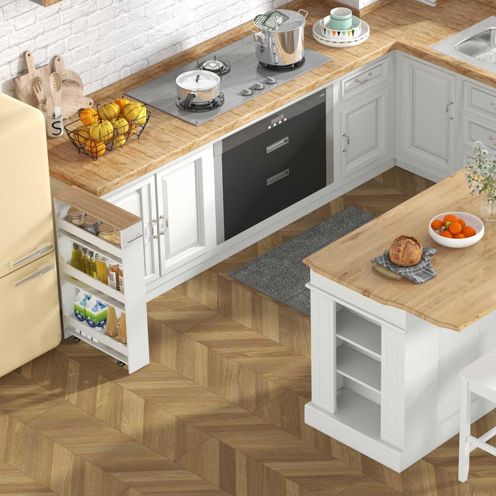 Kitchen island with rubber wood countertop, bar stools, and narrow storage cart in a modern kitchen setting.