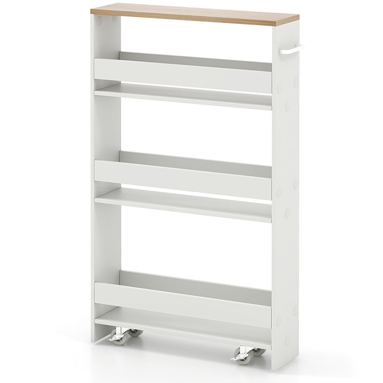 Narrow storage cart with adjustable shelves and lockable casters, featuring a stylish white finish for kitchen.