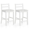 White wooden bar stools featuring ergonomic backrests and footrests, ideal for kitchen island seating.