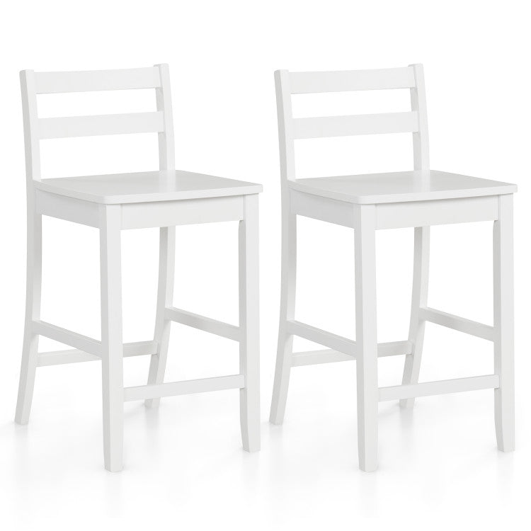White wooden bar stools featuring ergonomic backrests and footrests, ideal for kitchen island seating.
