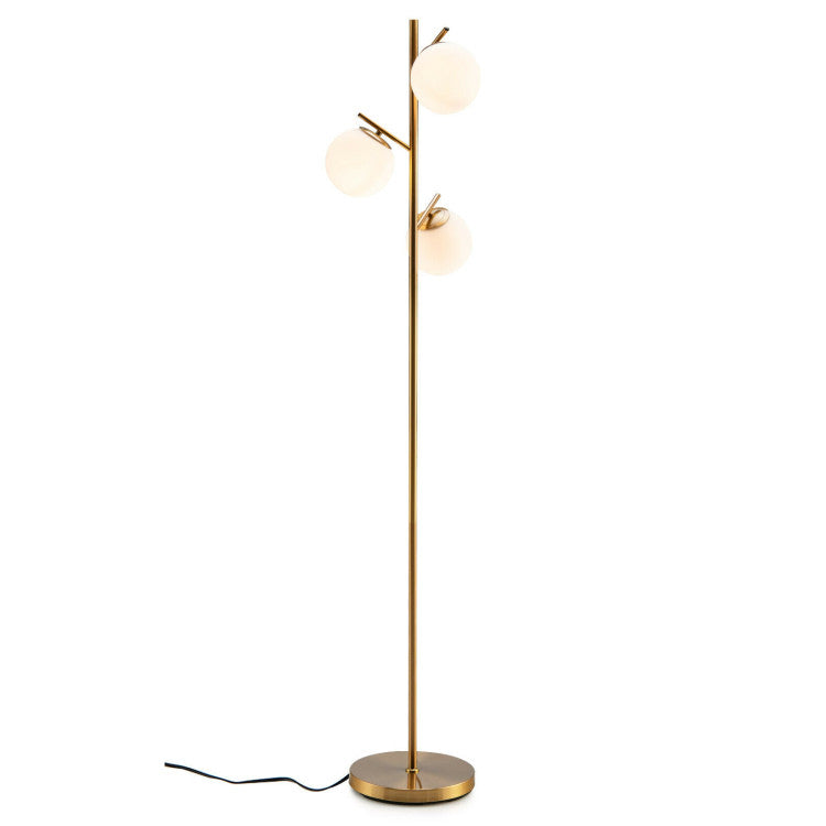 Modern 3-globe floor lamp with a sleek gold finish, perfect for stylish bedroom lighting and ambiance.