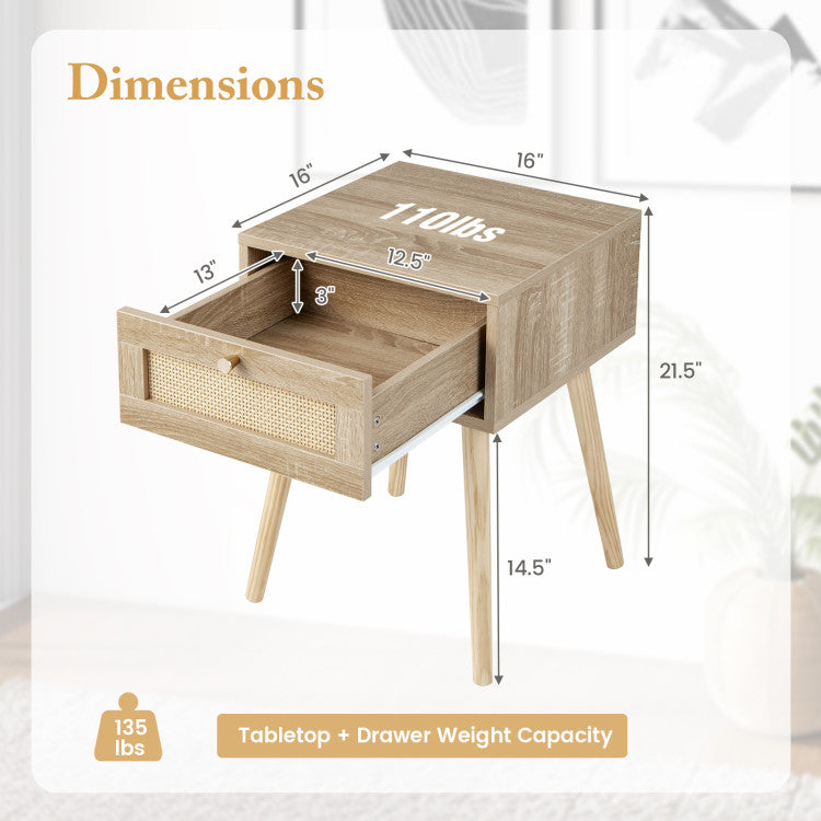 Rattan nightstand with drawer, measuring 16" x 21.5", featuring a weight capacity of 110 lbs for stylish bedroom.