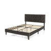 Upholstered queen bed frame with tufted headboard and wooden slats, perfect for a stylish bedroom retreat.