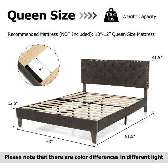 Upholstered queen bed frame with rattan nightstands and floor lamp, perfect for stylish bedroom decor and practical.