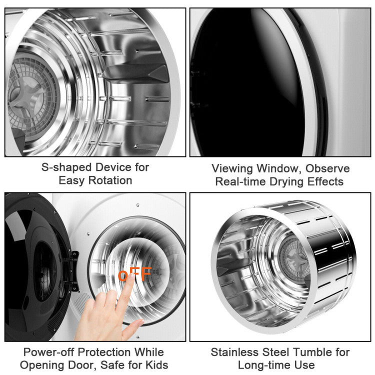 Close-up of the stainless steel tumble dryer drum, showcasing easy operation features and clear settings for.