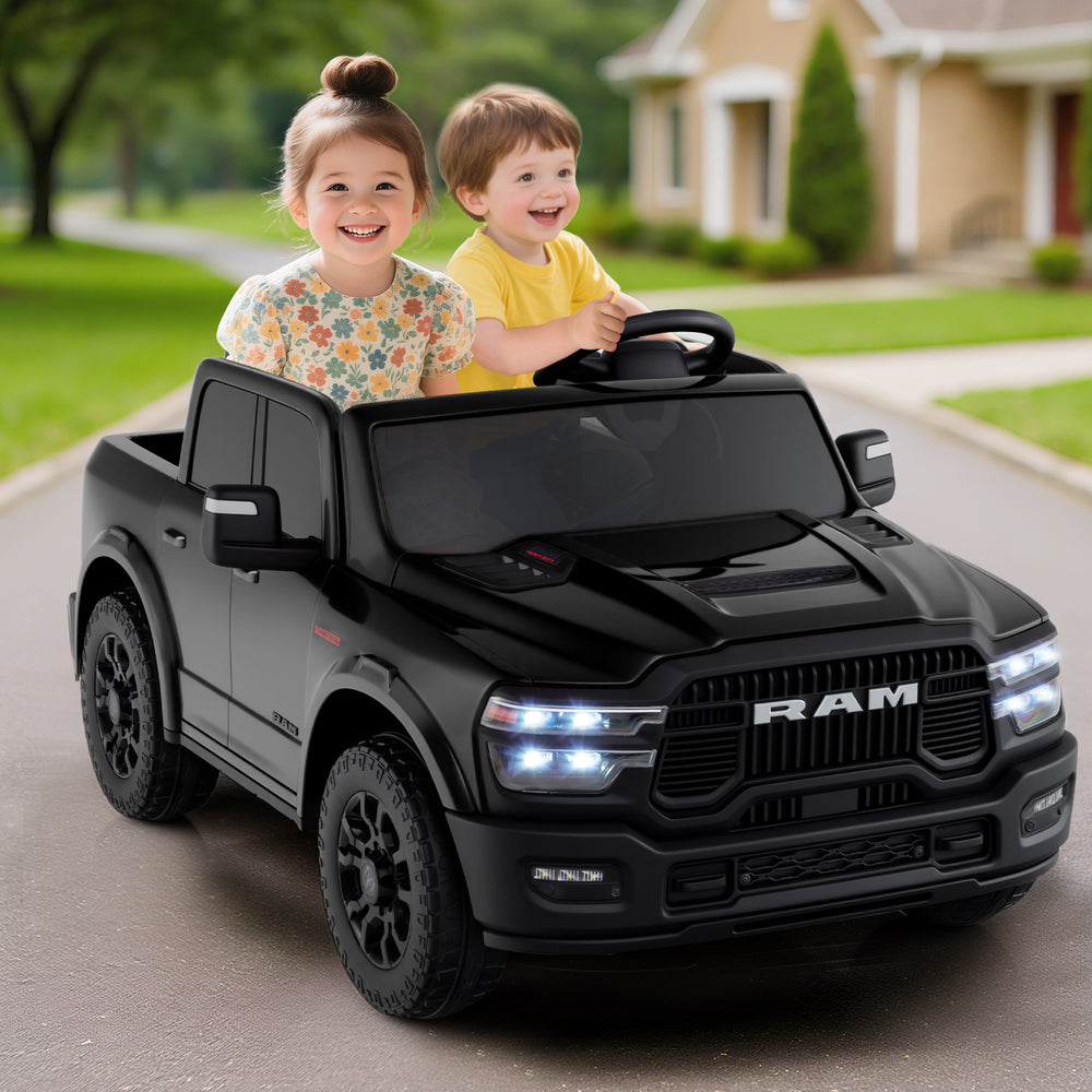 2 Seater 24V Ride on Toy for Big Kids Licensed Ram Truck with Remote and Music-Black - Gallery View 1 of 12