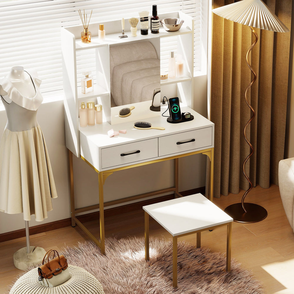 Vanity desk with storage drawers and charging station, featuring a mirrored cabinet and five shelves for organized.