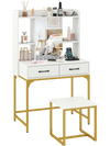 Vanity desk with storage drawers, charging station, and 5 shelves in white and gold, ideal for stylish organization.