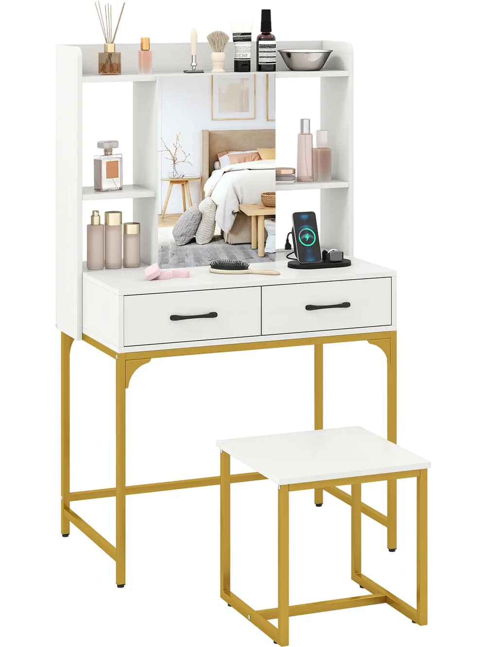 Vanity desk with storage drawers, charging station, and 5 shelves in white and gold, ideal for stylish organization.