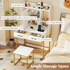 Vanity desk with a mirrored cabinet, 5 shelves, 2 drawers, and a charging station for organized storage and convenience.