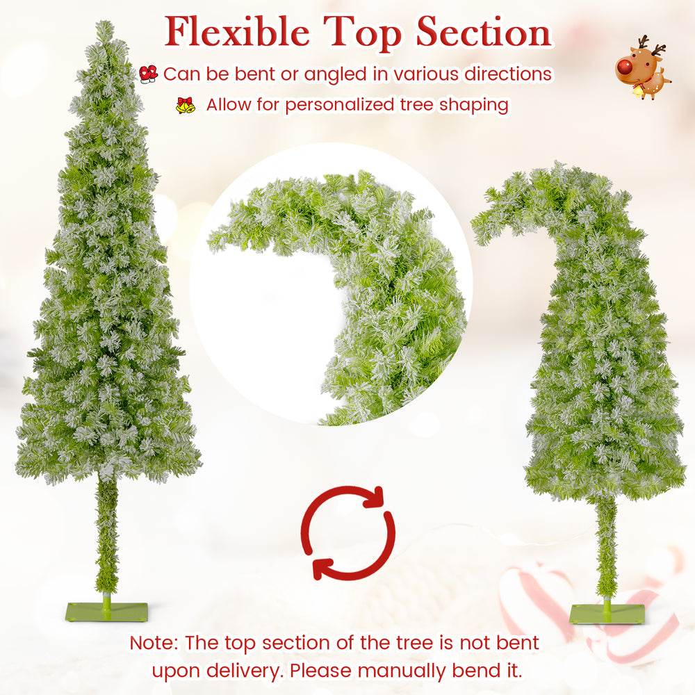 Whimsical 5 FT Christmas tree with bendable top, lush green leaves, and snow flocking for personalized holiday decor.