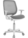 Gray swivel mesh children's computer chair with adjustable height, curved backrest, and 360-degree swivel for comfort.