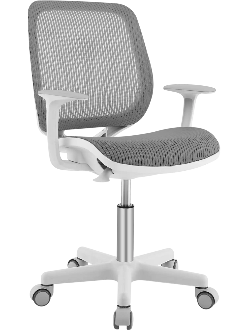 Gray swivel mesh children's computer chair with adjustable height, curved backrest, and 360-degree swivel for comfort.